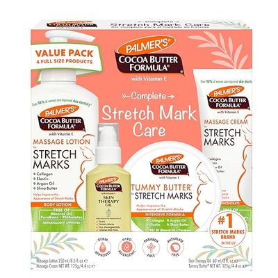 Palmer&#39;s Cocoa Butter Formula Pregnancy Skin Care Kit for Stretch Marks and Scars, Dermatologist Approved, Gift for Mom to Be, 4 Piece Full Size Set