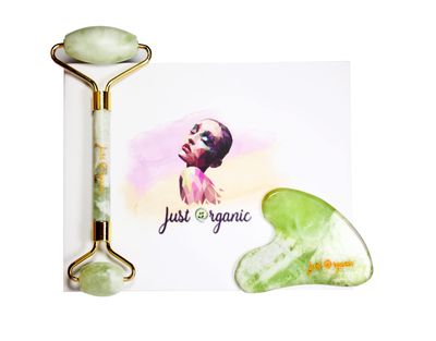 Just Organic Jade Roller &amp; Gua Sha Set Facial Beauty Tools, Face Roller Skin Massager for Face, Neck and Eye Treatment Ice Roller for Skin Care Routine &amp; Puffiness Relief (Green)