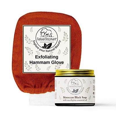 Natural Elephant Moroccan Black Soap 200g (7oz) and Exfoliating Hammam Glove Combo (Burnt Orange)