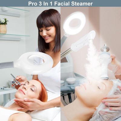 VARIPOWDER 3 in 1 Professional Facial Steamer for Facial Deep Cleaning with 5X Magnifying Lamp on Wheels, Nano Ionic Nozzle Steamer Ozone Mist Face for Esthetician Spa Home Beauty Skin Care(White)