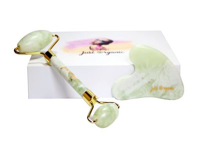 Just Organic Jade Roller &amp; Gua Sha Set Facial Beauty Tools, Face Roller Skin Massager for Face, Neck and Eye Treatment Ice Roller for Skin Care Routine &amp; Puffiness Relief (Green)