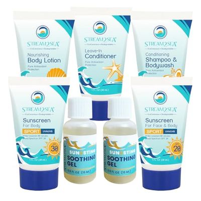 STREAM 2 SEA 6 Pack Natural Travel Sized Toiletries, 1oz Paraben Free Sample Size Shampoo, Conditioner, Lotion, Mineral Sunscreen SPF 20 and SPF 30 and After Sun Gel