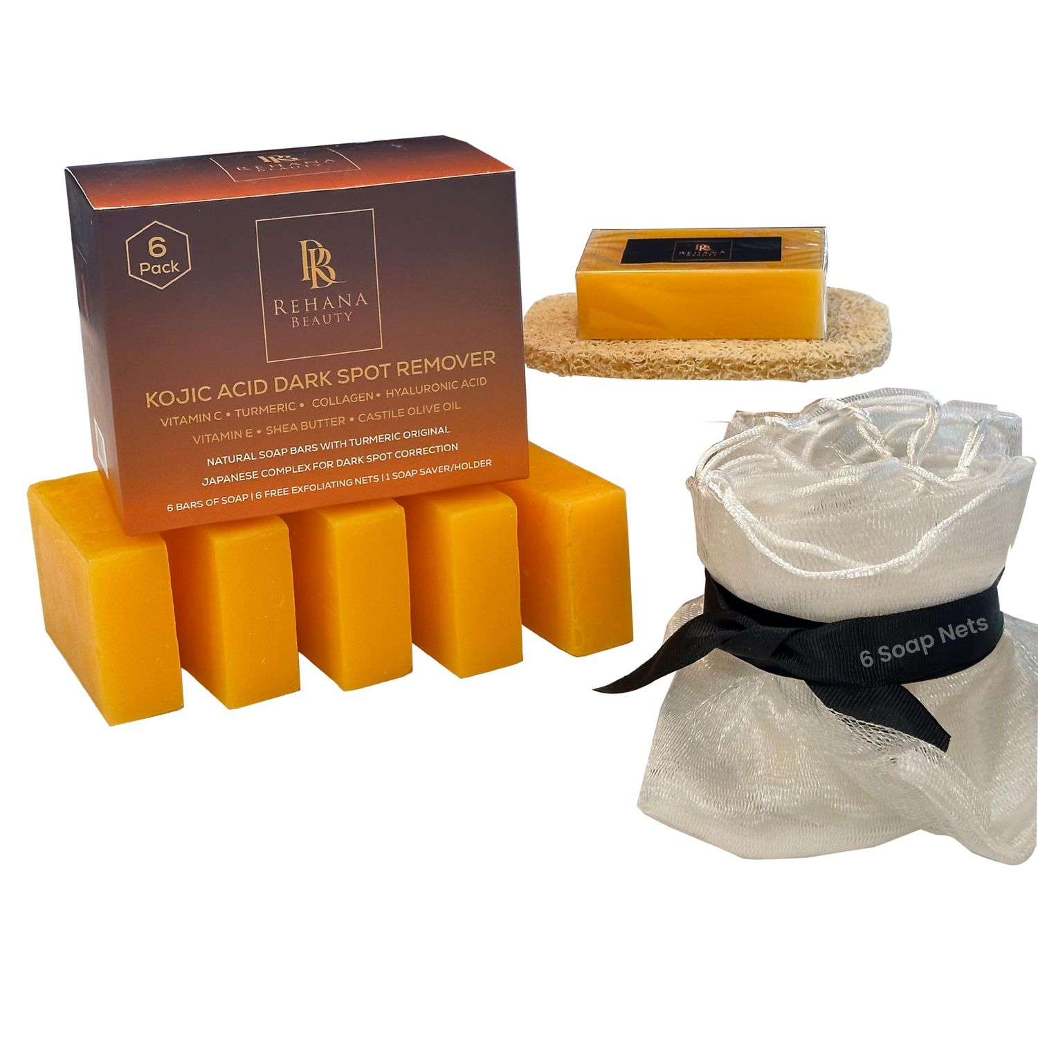 Rehana Beauty Natural Kojic Acid Soap, Brightening &amp; Cleansing Face &amp; Body - 6 Pack (100g Each) - Dark Spot Remover with Lemon, Turmeric, Vitamin C, and Retinol - Original Japanese Formula Kojic Soap