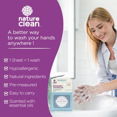 Nature Clean Travel Hand Soap Sheets - Non-Toxic, Hypoallergenic, Completely Dissolvable, Ideal for Home, School, work, travel, and adventures, traveling essentials & camping Essentials - (80 Sheets)