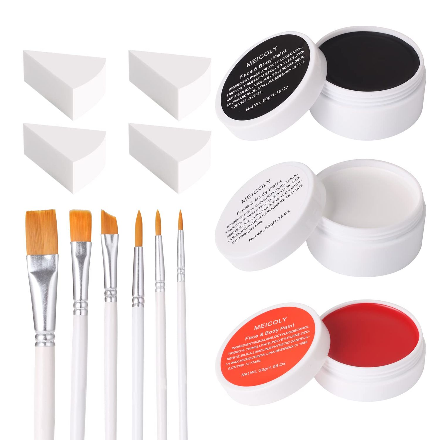 MEICOLY Clown Makeup Kit,White Black Red Face Body Paint for Halloween Devil Joker Zombie Vampire Skeleton SFX Makeup,Pro Oil Based Body Paint with 6 Painting Brushes,4 Sponges,130g/4.59 oz