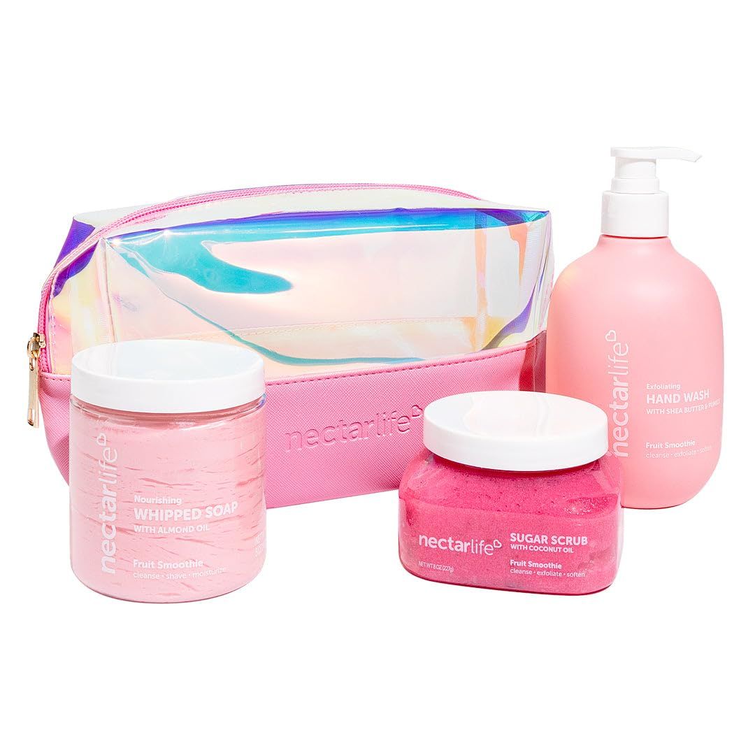 Nectar Life Daily Glow Kit Body Skin Care Set, Full-Size Vegan Bath Products, Moisturizing Whipped Soap, Exfoliating Sugar Body Scrub, Softening Pumice Hand Wash (Fruit Smoothie Scent)