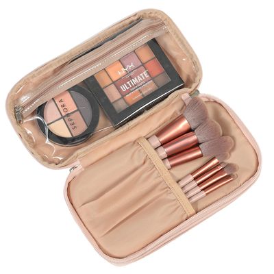 NISHEL Double Layer Travel Makeup Bag Women, Cosmetic Case, Portable Organizer To Hold Travel-Size Accessory Bottles, Brushes, And Skincare Products, Pink