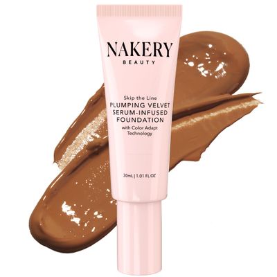 Nakery Skip the Line Full Coverage Foundation for Women - Plumping Velvet Womens Foundation Makeup Matte Finish - Age Defying Foundation - Moisturizing Foundation with Smart Color Adapt - Medium Deep