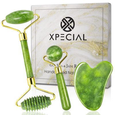 XPECIAL Gua Sha &amp; Jade Roller 3 in 1, Face Roller, Guasha Facial Massage Skin Care Tool Set, Massager for Removal of Wrinkles &amp; Eye Puffiness, Anti-Aging &amp; Body Relaxation