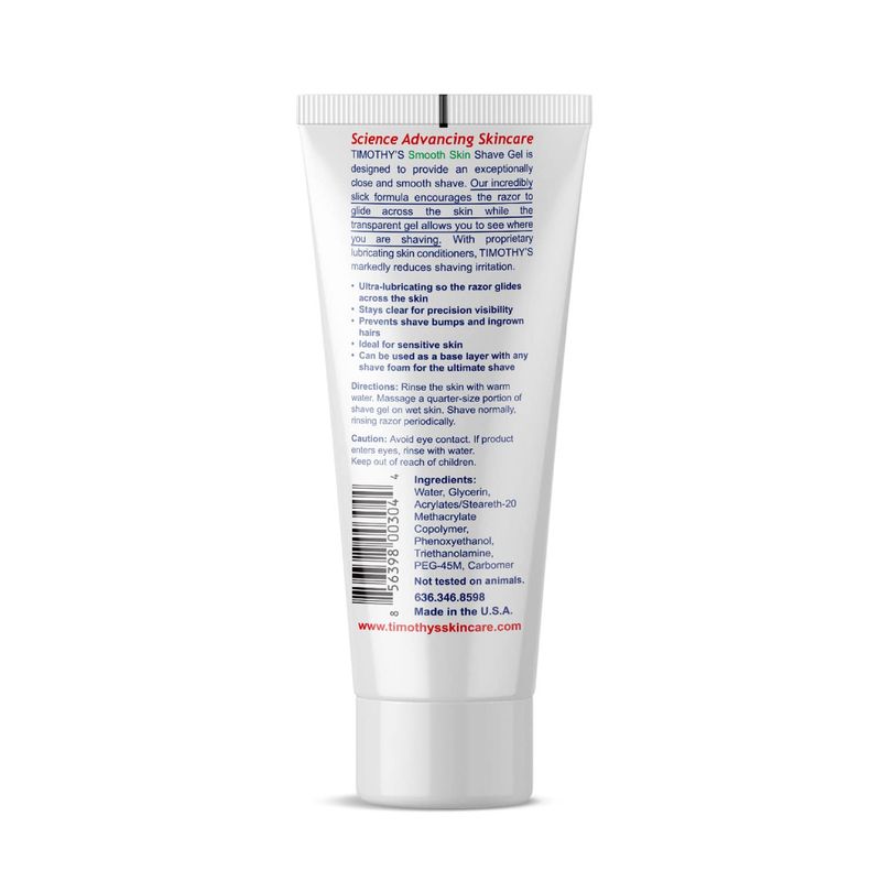 Timothy's Unscented Shave Gel 6 oz. for Sensitive Skin, Alcohol Free, Paraben Free, Fragrance Free, SLS Free, Hypoallergenic, Dermatology tested, Clear and transparent