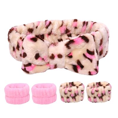 Pink Spa Headband and Wristband Set by Freckled Rebel. Pink Leopard Skincare Headbands with Cozy Wrist Towels for Enhanced Face Washing Experience. Ideal for Beauty &amp; Personal Care Routines.