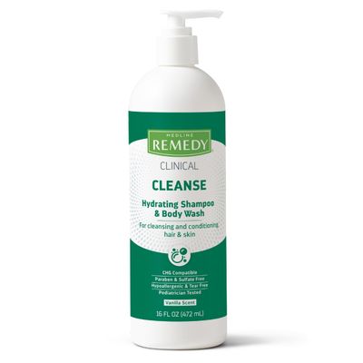Medline Remedy Clinical Hydrating Shampoo &amp; Body Wash (16 fl oz), Vanilla Scent, Cleanser, No-Rinse, Adults, Kids, Shower Or Bedside, Dimethicone, Sulfate Free