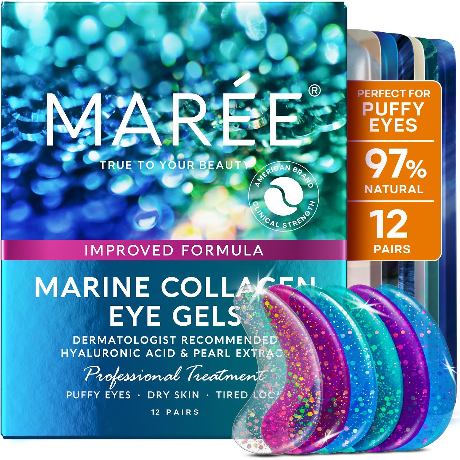 MAREE Eye Gels - Under Eye Patches for Puffy Eyes and Dark Circles with Natural Marine Collagen &amp; Hyaluronic Acid - Anti-Aging Eye Masks for Face to Soothe Puffiness, Undereye Patches for Wrinkles