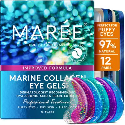 MAREE Eye Gels - Under Eye Patches for Puffy Eyes and Dark Circles with Natural Marine Collagen &amp; Hyaluronic Acid - Anti-Aging Eye Masks for Face to Soothe Puffiness, Undereye Patches for Wrinkles