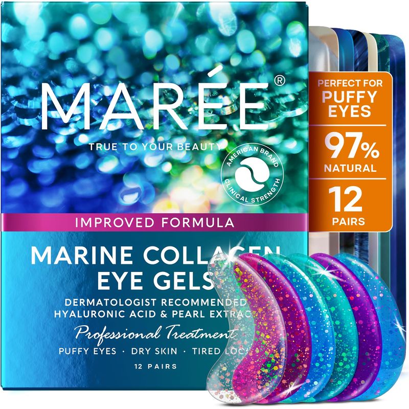 MAREE Eye Gels - Under Eye Patches for Puffy Eyes and Dark Circles with Natural Marine Collagen &amp; Hyaluronic Acid - Anti-Aging Eye Masks for Face to Soothe Puffiness, Undereye Patches for Wrinkles