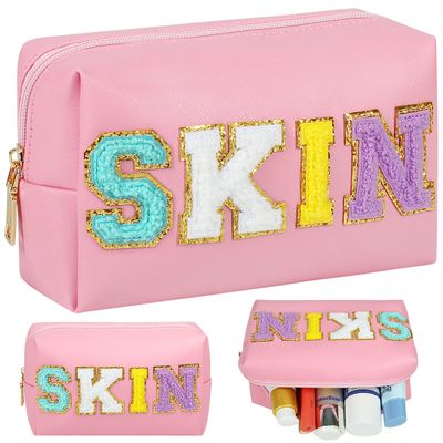 JOINDO Preppy Makeup Bag, Skin Makeup Bag,Chenille SKIN Letter Cosmetic Bag, PU Leather Skincare Toiletry Bag, Cute Travel Organizer Zipper Makeup Bag for Women Girls(Pink)