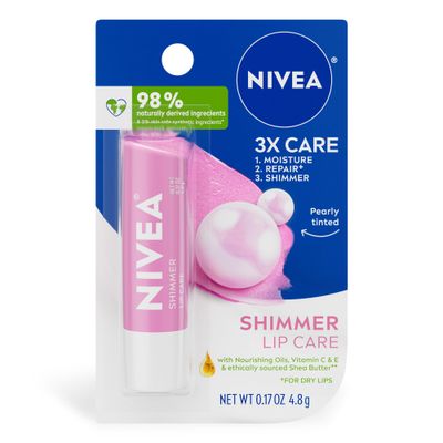 NIVEA Shimmer Lip Care, Shimmer Lip Balm with Shea Butter, Nourishing Oils and Vitamin C &amp; E, 3-in-1 Moisture, Repair (for Dry Lips) and Shimmer, 0.17 Oz Stick