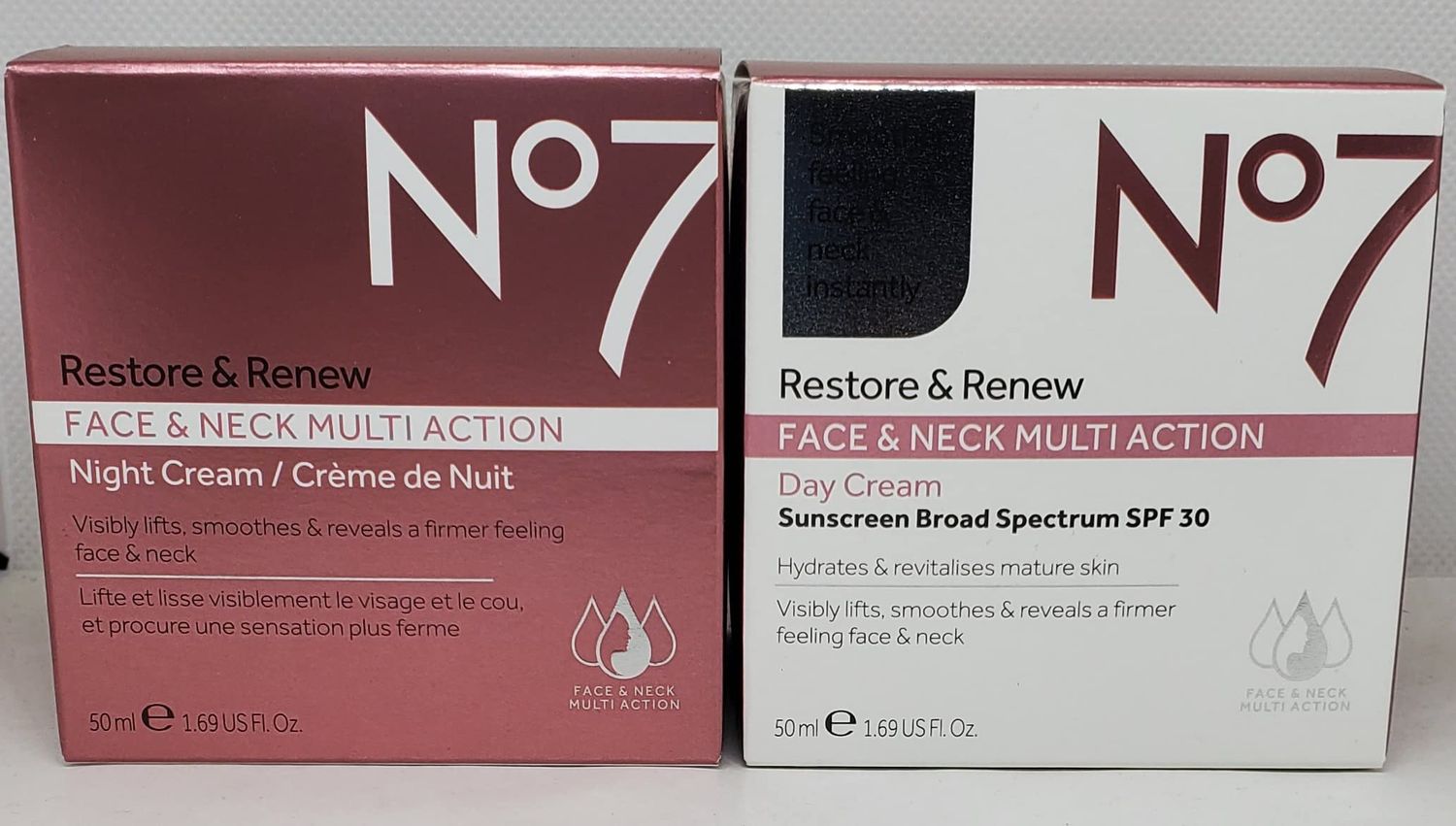 No7 Restore &amp; Renew FACE &amp; NECK MULTI ACTION Day/Night Creams 2 x 50ml