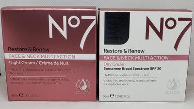 No7 Restore &amp; Renew FACE &amp; NECK MULTI ACTION Day/Night Creams 2 x 50ml