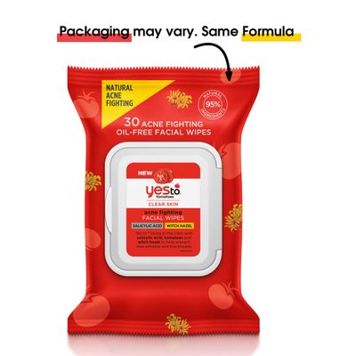 Yes To Tomatoes Clear Skin Acne Fighting Facial Wipes, Acne Prone Skin + Helps Control Oil + Salicylic Acid + 95% Natural Ingredients, 30 Count (Pack of 2)