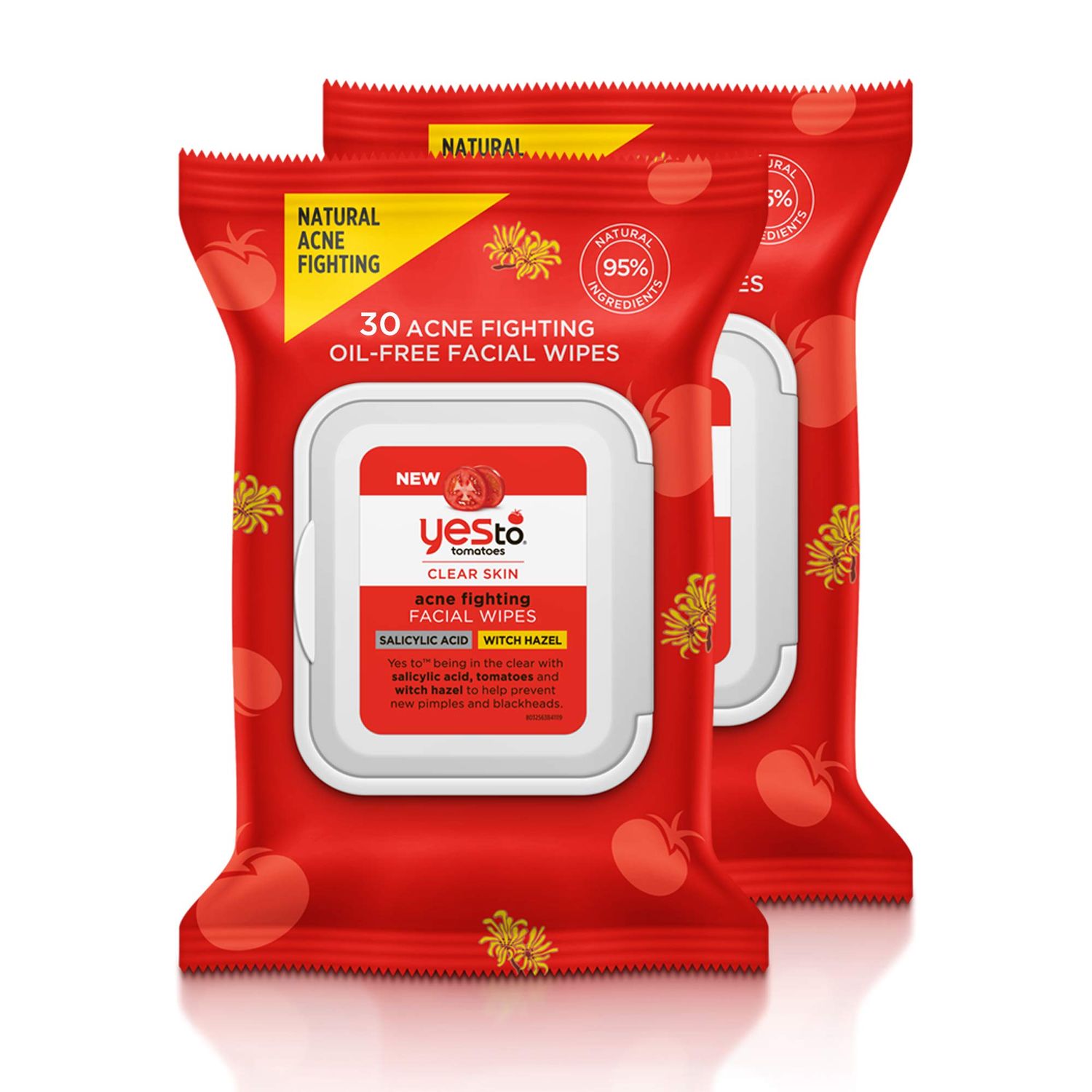 Yes To Tomatoes Clear Skin Acne Fighting Facial Wipes, Acne Prone Skin + Helps Control Oil + Salicylic Acid + 95% Natural Ingredients, 30 Count (Pack of 2)