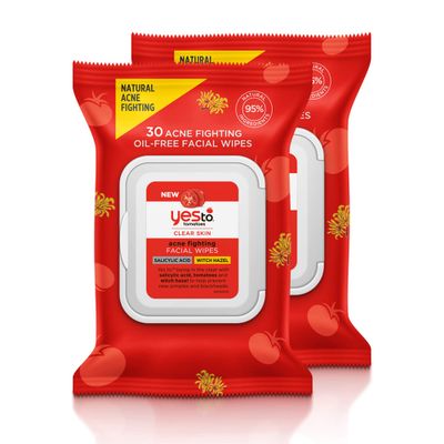 Yes To Tomatoes Clear Skin Acne Fighting Facial Wipes, Acne Prone Skin + Helps Control Oil + Salicylic Acid + 95% Natural Ingredients, 30 Count (Pack of 2)