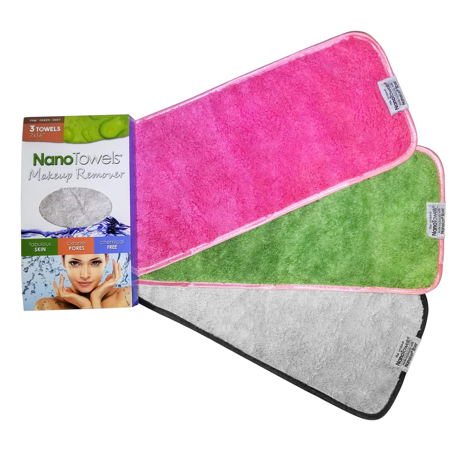 Nano Towel Makeup Remover Face Wash Cloth Multi Color 3-PACK. Remove Cosmetics FAST and Chemical Free. Wipes Away Facial Dirt and Oil Like An Eraser. Great for Sensitive Skin, Acne (Grey, Pink, Green)