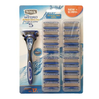 Schick Newly Improved Hydro Premium 5 Men&#39;s 5 Blade Razor Set with 1 Handle and 17 Blades Equipped with Moisture Gel Reservoir - 40% decrease of Skin Irritation - Good for Wet Shaving