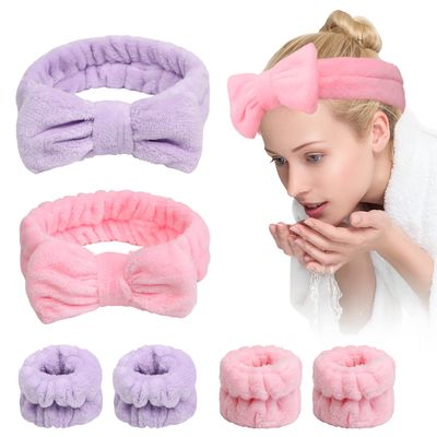 Yoseng Hairband for Washing Face and 6 Wrist Towels, Set of 2 Headbands and 4 Bracelets in Purple and Pink, Made of Soft Microfiber for Skincare, Makeup Removal, Shower, Unisex-Adults