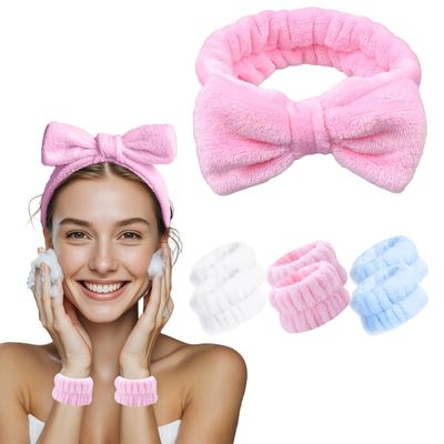 MOODKEY 7pcs Wrist Spa Washbands Headband Set, Microfiber Face Washing Wristbands Wrist Wash Towel Band Absorbent Sweatband for Women Makeup Skincare Yoga Sport(pink)