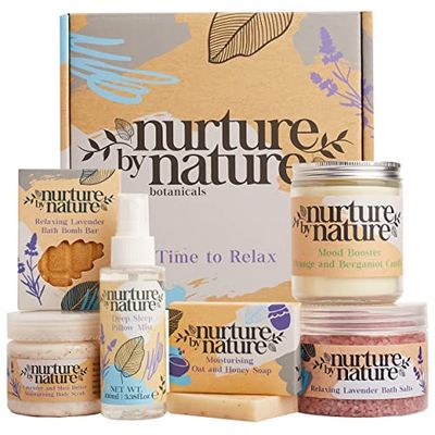 Nurture by Nature RELAX &amp; CALM Spa Kit, Spa Gift Baskets For Women - Complete Bath Sets for Women Gift - Lavender Pillow Mist, Bath Salts, Soap, Bath Bomb, Candle, Body Scrub - Self Care Gift Basket