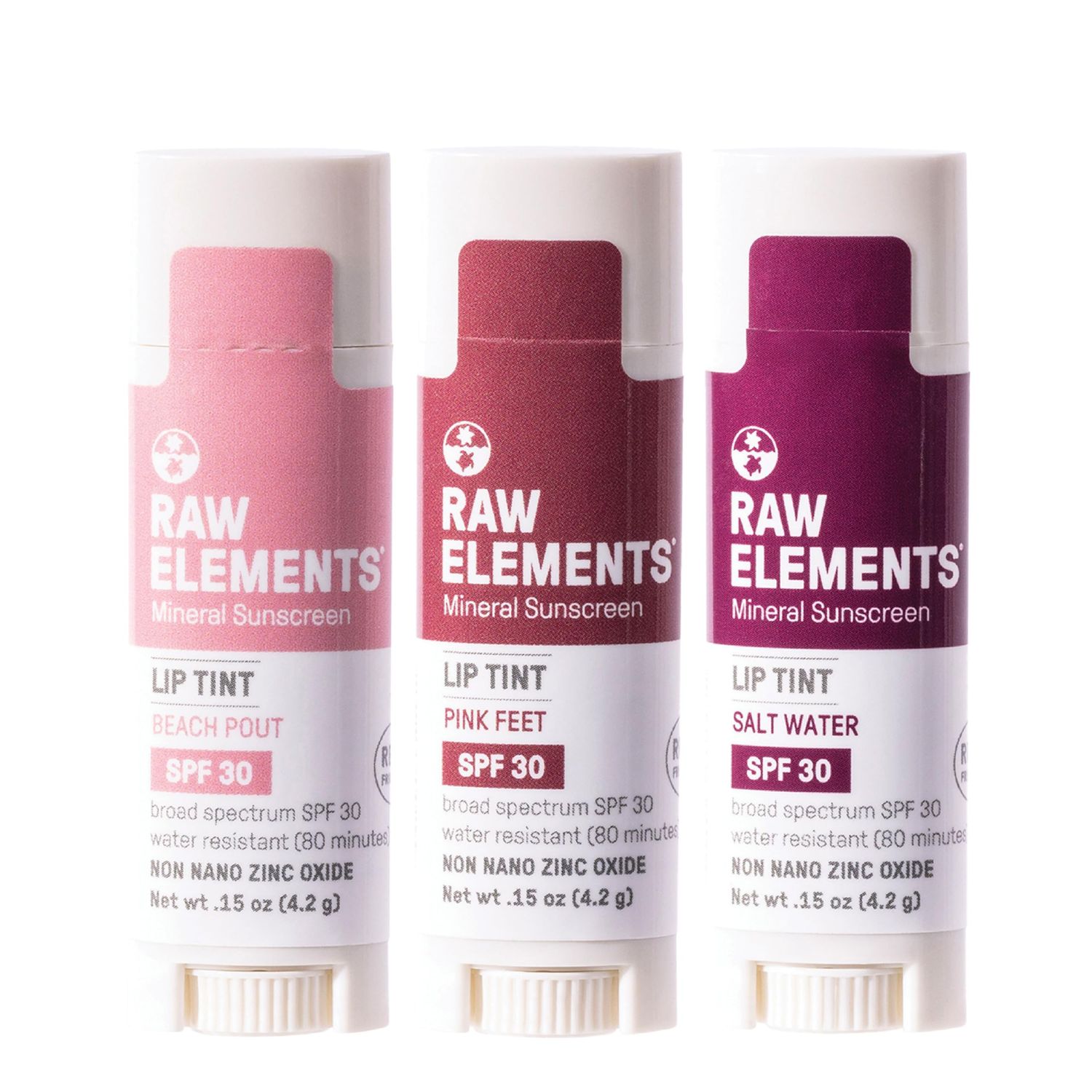 Raw Elements Tinted Lip Beach Pout, Pink Feet, Salt Water SPF 30 .15 oz Sunset Pack