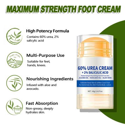 Urea Cream 60% plus 2% Salicylic Acid, Maximum Strength Foot Cream for Dry Cracked Heels and Feet, Callus Remover, Urea Cream for Feet, Hands, Knees, Hydrates &amp; Exfoliates, 40g/1.41 fl.0z, 1-Pack