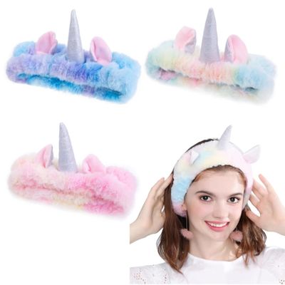 OSOPLAY 3 PCS Women Animal Ear Pink Unicorn Fuzzy Hairband Makeup Skincare Headband Washing Face for Girls &amp; Women