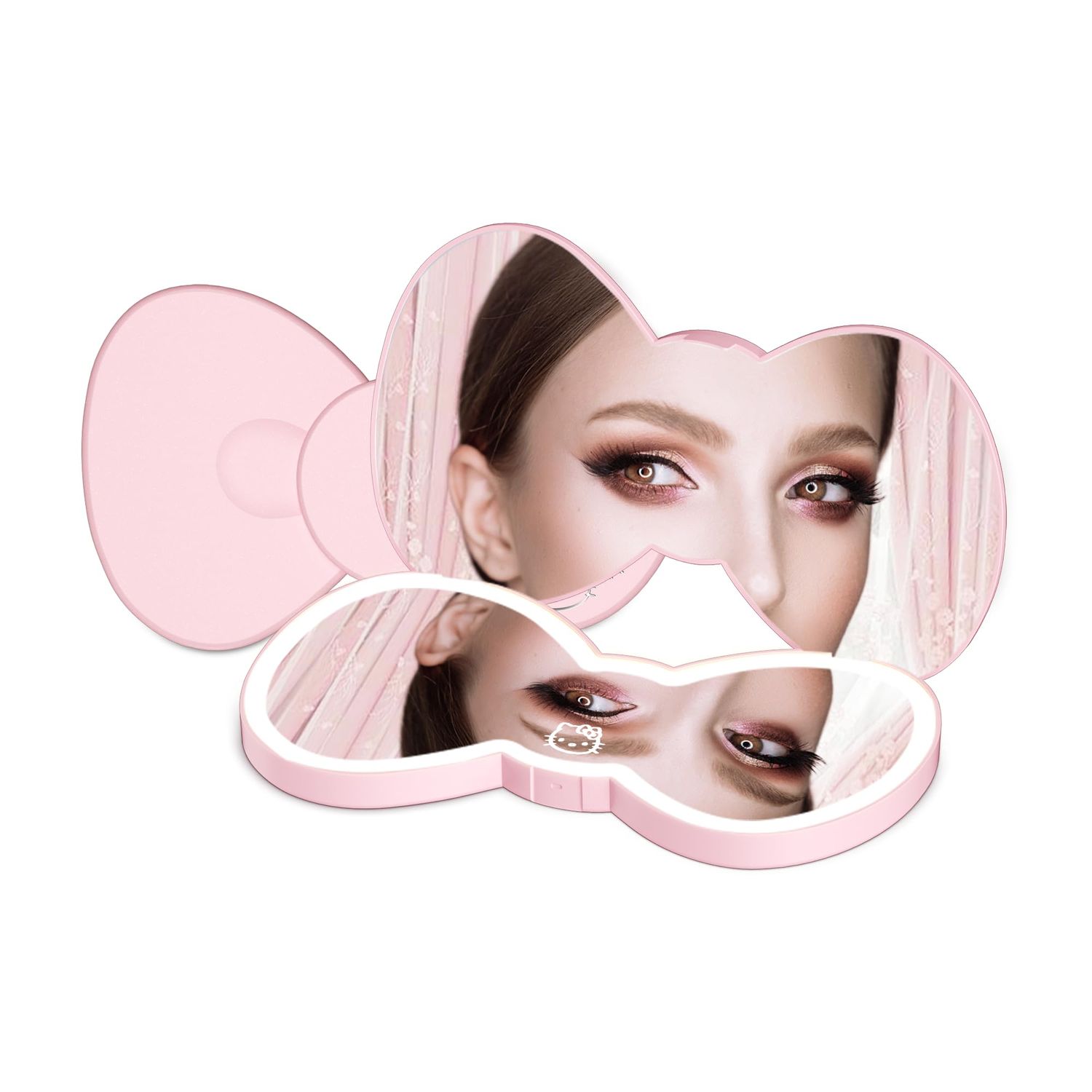 Impressions Vanity Hello Kitty Bow LED Compact Mirror, Double Sided Cute Travel Makeup Mirror, Soft Touch Button with Slide Down Auto Shut Off (Large)
