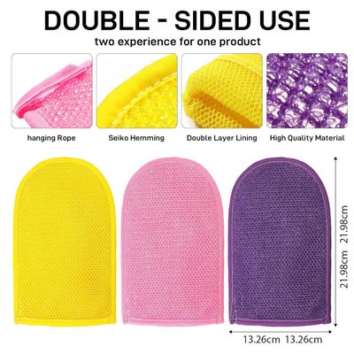 RIUOTA 3 Pieces African Net Sponge Exfoliating Mitts Exfoliator Gloves Visibly Lift Away Dead Skin, Great for Spray Tan Removal or Keratosis PilarisExfoliating Mitts (Pink,Yellow,Purple)