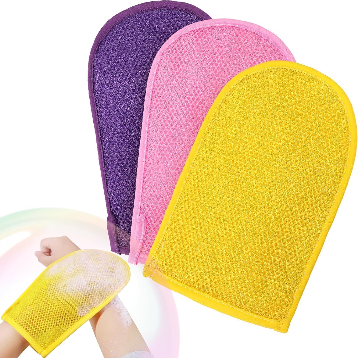 RIUOTA 3 Pieces African Net Sponge Exfoliating Mitts Exfoliator Gloves Visibly Lift Away Dead Skin, Great for Spray Tan Removal or Keratosis PilarisExfoliating Mitts (Pink,Yellow,Purple)