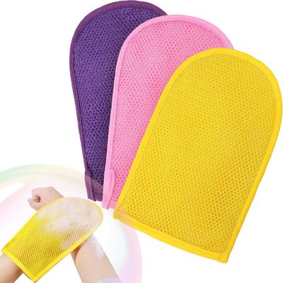 RIUOTA 3 Pieces African Net Sponge Exfoliating Mitts Exfoliator Gloves Visibly Lift Away Dead Skin, Great for Spray Tan Removal or Keratosis PilarisExfoliating Mitts (Pink,Yellow,Purple)