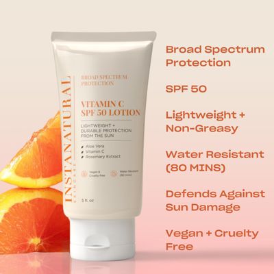 InstaNatural Skin Care Vitamin C SPF 50 Broad Spectrum Sunscreen Lotion, Brightening, Lightweight, Non-Greasy Moisturizer for Body &amp; Face, UVA, UVB Sunblock, with Aloe Vera &amp; Botanicals, 5 Fl Oz