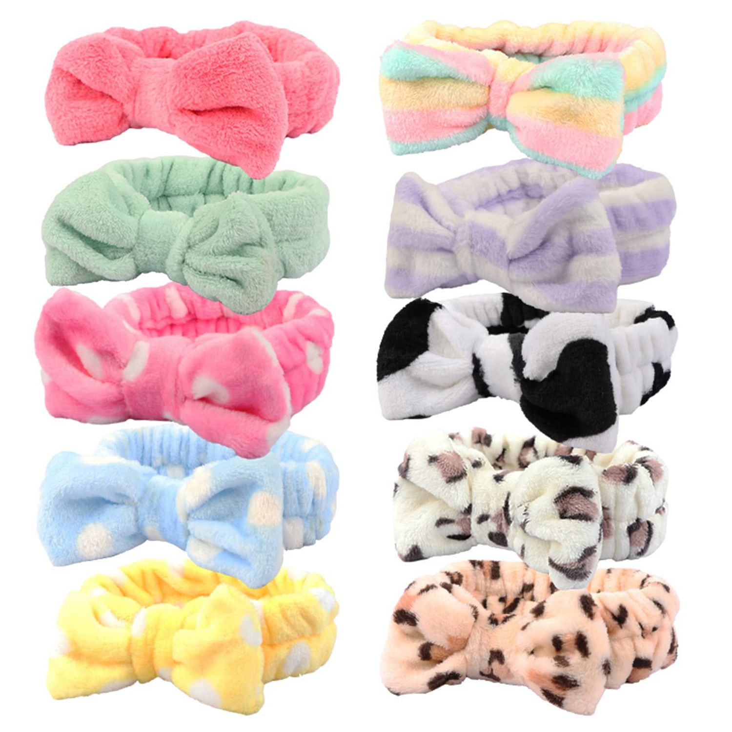 Spa Headband, 10pcs Bow Makeup Headband Soft Coral Fleece Skincare Headband, Cute Elastic Hair Band for Women Girls, Washing Face Mask Spa Shower Gift