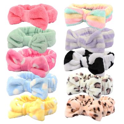 Spa Headband, 10pcs Bow Makeup Headband Soft Coral Fleece Skincare Headband, Cute Elastic Hair Band for Women Girls, Washing Face Mask Spa Shower Gift