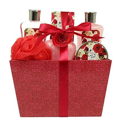 Valentine&#39;s Day Bath and Body - Spa Gift Baskets for Women &amp; Girls, Spa Kit Birthday Gift Includes Love of Rose Scent Shower Gel, Bubble Bath, Body Lotion, Bath Salt,Red Bath Puff and Heart Bath Bomb