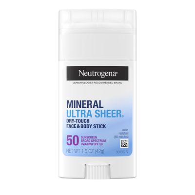 Neutrogena Ultra Sheer Dry Touch SPF 50 Mineral Sunscreen Stick for Sensitive Skin, Face &amp; Body Sunscreen with Zinc Oxide &amp; Vitamin E, No White Residue, Non-Comedogenic &amp; Vegan, 1.5 oz