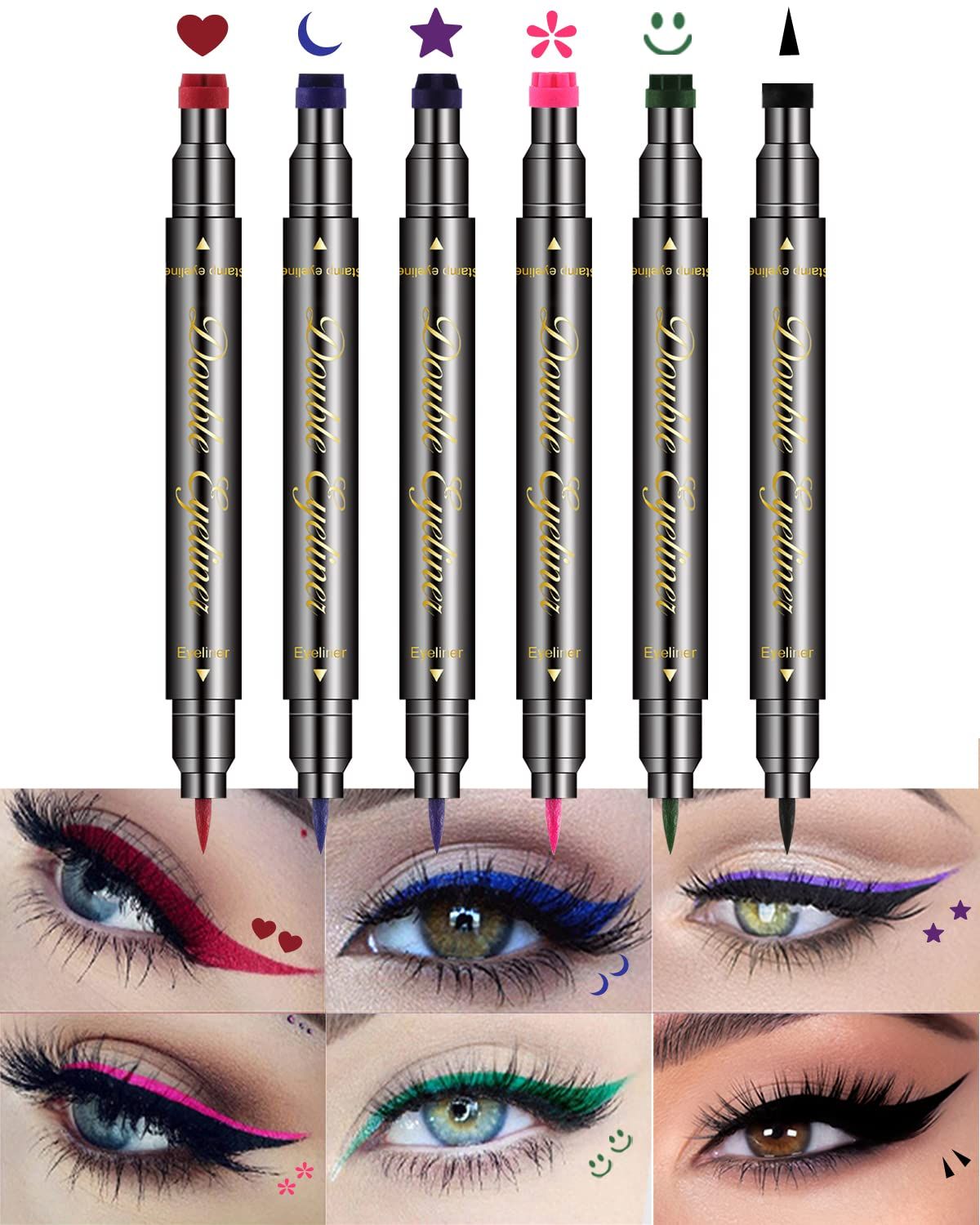 Jutqut 6 PCS Double-Head Liquid Stamp Eyeliner, Colored 6 in 1 Stars Flowers Hearts Moon Smiley Face Triangle Stamps Makeup Stamp Set, Waterproof Slim Gel Felt Tip Liquid Eyeliner, Halloween Makeup