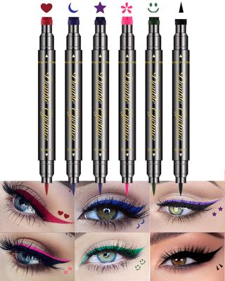 Jutqut 6 PCS Double-Head Liquid Stamp Eyeliner, Colored 6 in 1 Stars Flowers Hearts Moon Smiley Face Triangle Stamps Makeup Stamp Set, Waterproof Slim Gel Felt Tip Liquid Eyeliner, Halloween Makeup