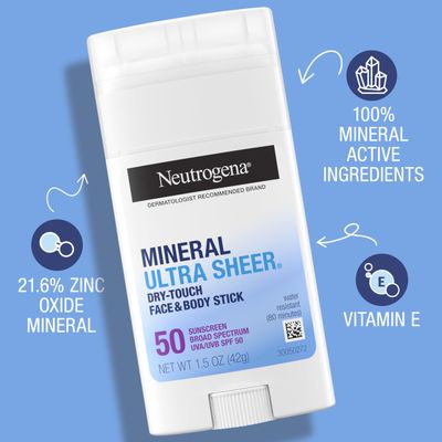 Neutrogena Ultra Sheer Dry Touch SPF 50 Mineral Sunscreen Stick for Sensitive Skin, Face & Body Sunscreen with Zinc Oxide & Vitamin E, No White Residue, Non-Comedogenic & Vegan, 1.5 oz
