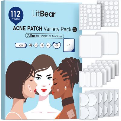 LitBear Large Pimple Patches (7 Sizes 112 Patches), Big Acne Patches, XL Hydrocolloid Bandages for Full Face, Forehead, Chin, Nose, Body, Back, Neck &amp; Chest, Oval, Moon, Square hydrocolloid Patch