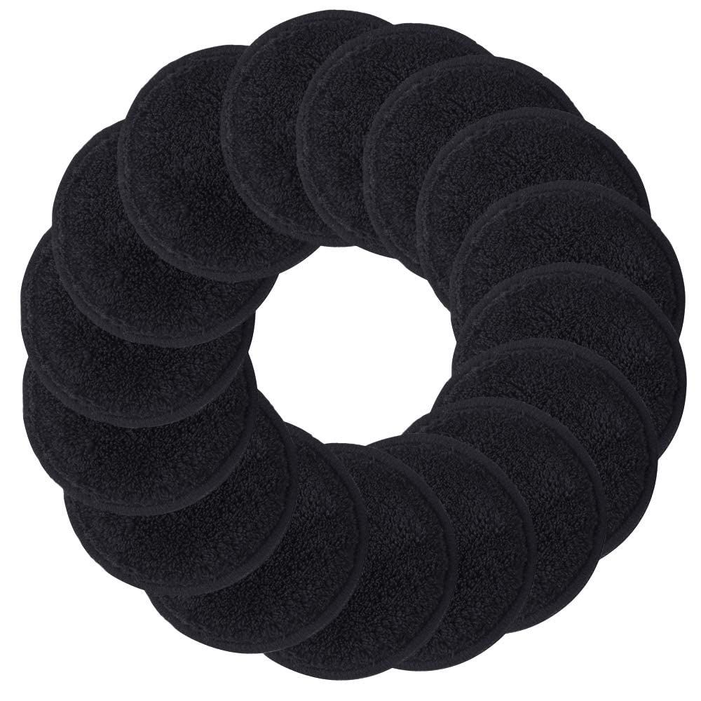 SUNLAND Reusable Makeup Remover Pads for Face,Eyes,Lips 16 Pack Microfiber Face Cleansing Gloves Washable with Laundry Bag and Travel Bag Rounds Toner Pads (Round 3.15inchx16, Black)