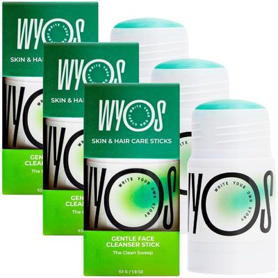WYOS Face Cleanser Stick 3 Pack, Travel Friendly Leak Free, Vegan, Cruelty Free, Sulfate Free, Paraben Free, Sensitive Skin Makeup Remover Hydrating Glycerin Enriched Facial Wash for Women and Men