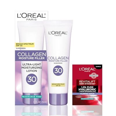 L&#39;Oreal Paris Collagen Moisture Filler Face Cream with Broad Spectrum SPF 30, Anti-Aging Face Moisturizer and Daily Sunscreen For Face, Includes Face Serum Sample